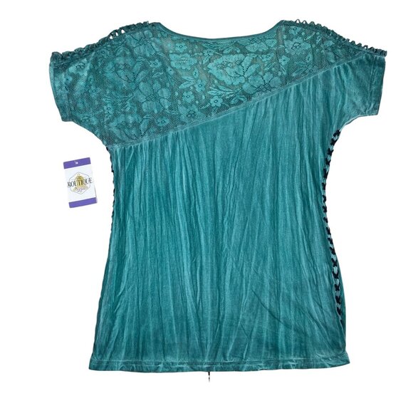 Sinful By Affliction Womens S Lace Tee Distressed Studded Wing Graphic Turquoise - Picture 9 of 16